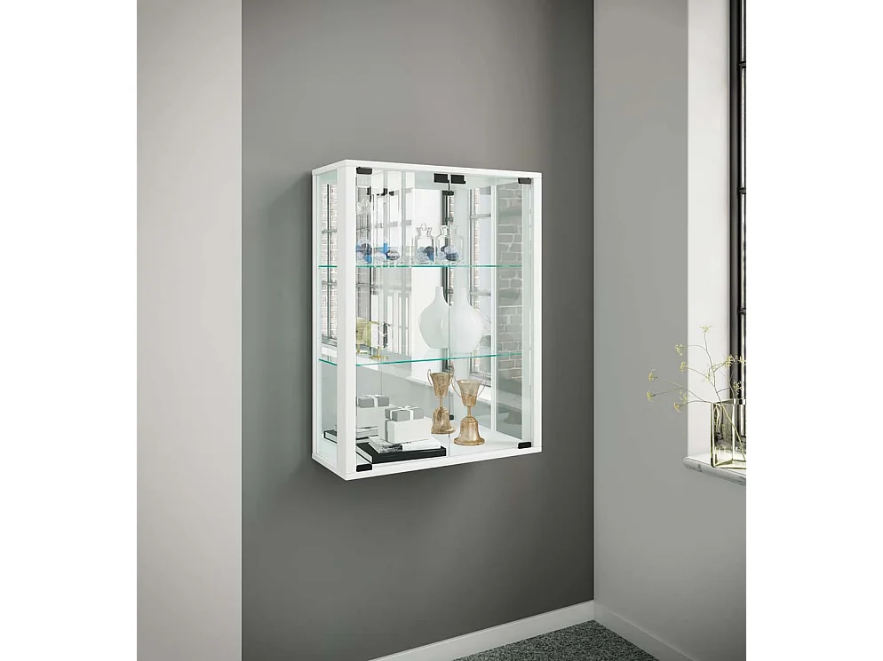 Udina vitrine accroché au mur avec miroir 2 portes en verre blanc.