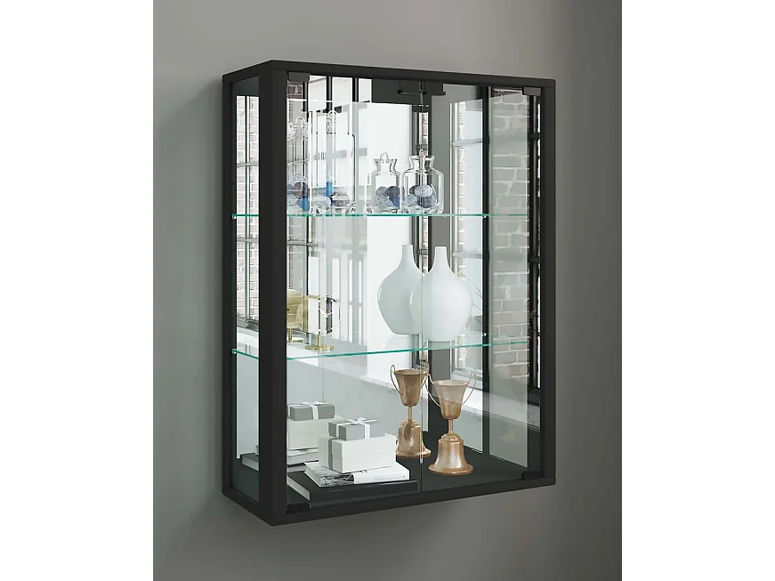 Udina vitrine accroché au mur avec miroir 2 portes en verre noir.