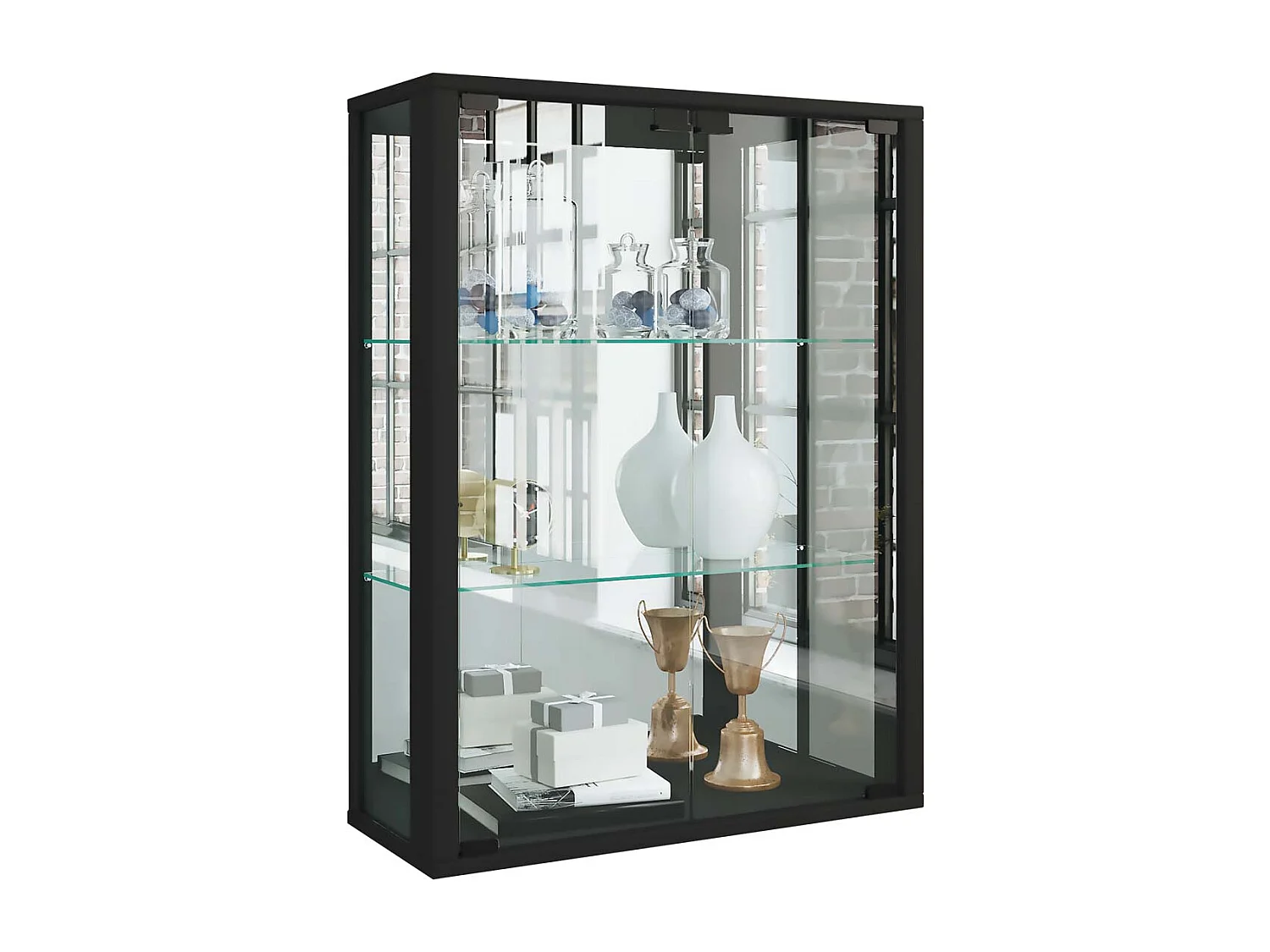 Udina vitrine accroché au mur avec miroir 2 portes en verre noir.