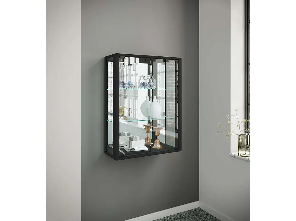 Udina vitrine accroché au mur avec miroir 2 portes en verre noir.