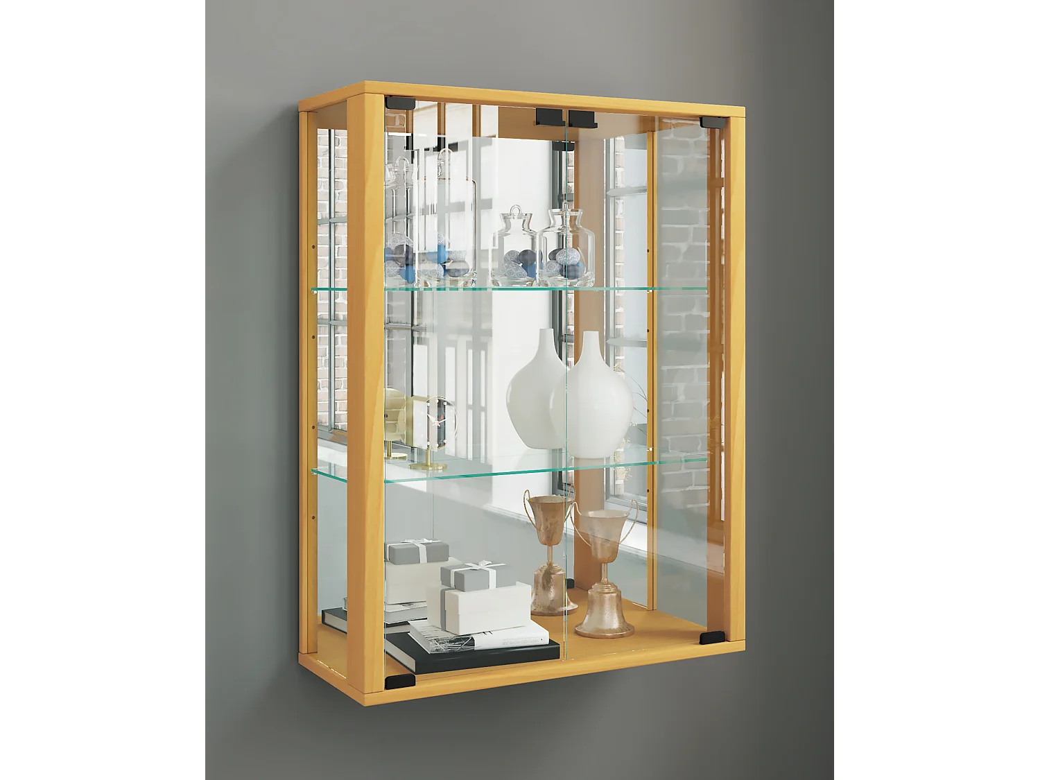 Udina vitrine accroché au mur avec miroir 2 portes en verre hêtre décor.