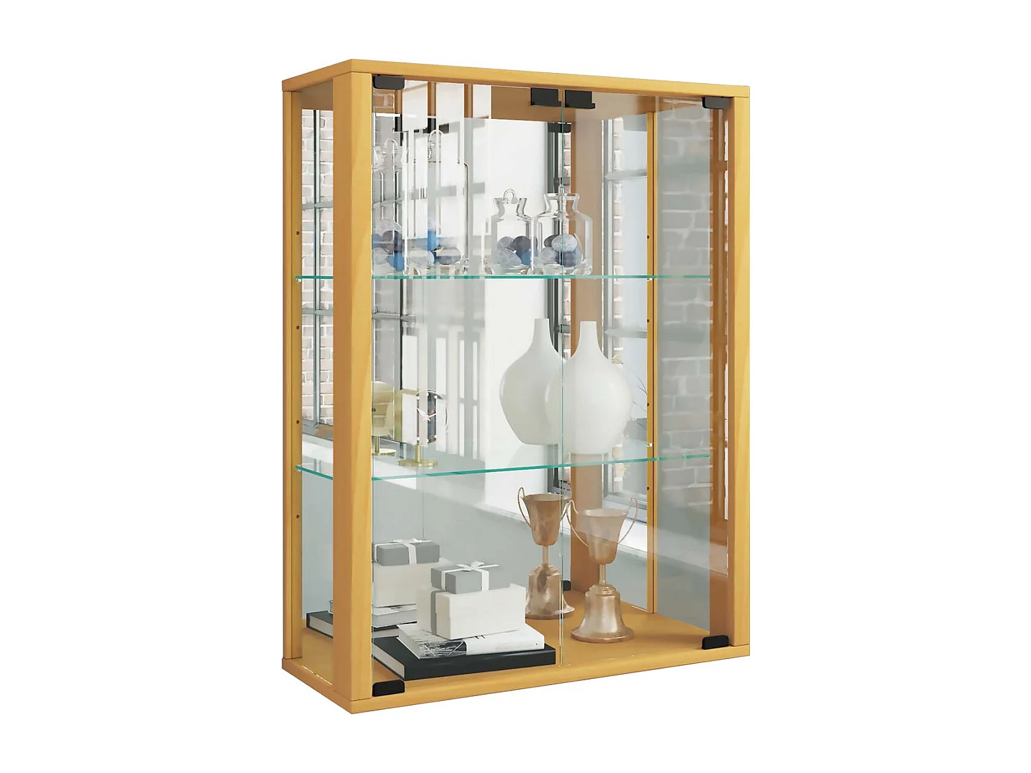 Udina vitrine accroché au mur avec miroir 2 portes en verre hêtre décor.