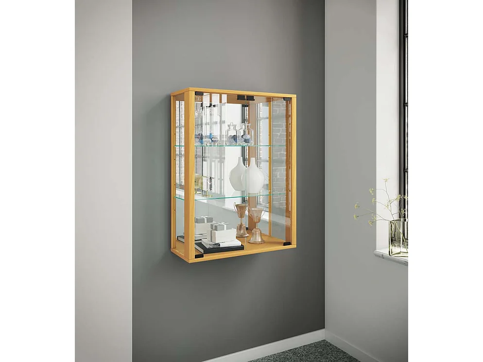 Udina vitrine accroché au mur avec miroir 2 portes en verre hêtre décor.