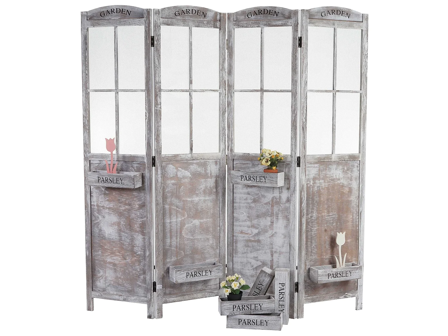 Paravent MCW-M66, Raumteiler Trennwand Sichtschutz, Pflanzkörbe 4 Paneele, Shabby-Look 170x180x22cm, braun-grau