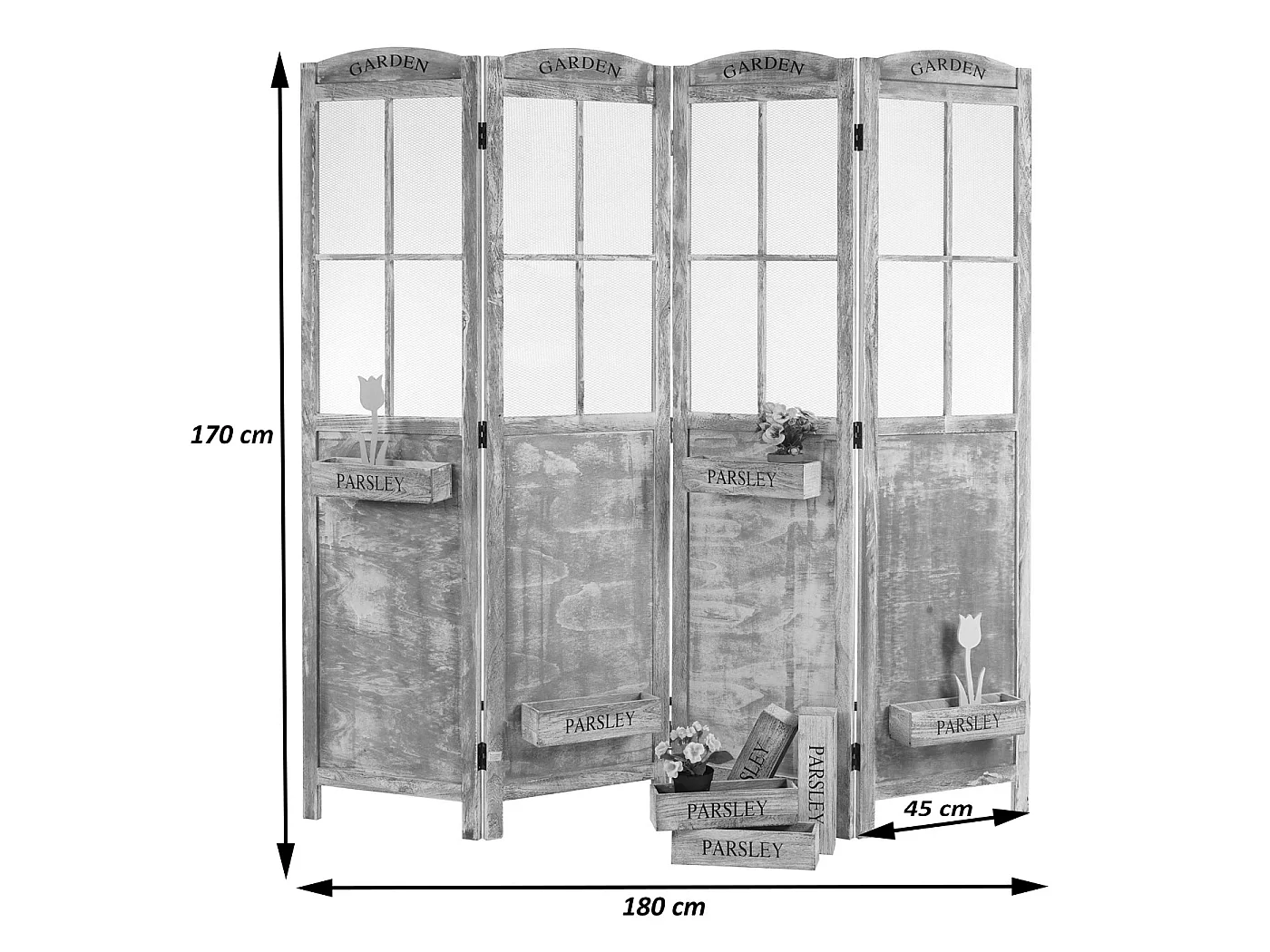 Paravent MCW-M66, Raumteiler Trennwand Sichtschutz, Pflanzkörbe 4 Paneele, Shabby-Look 170x180x22cm, braun-grau
