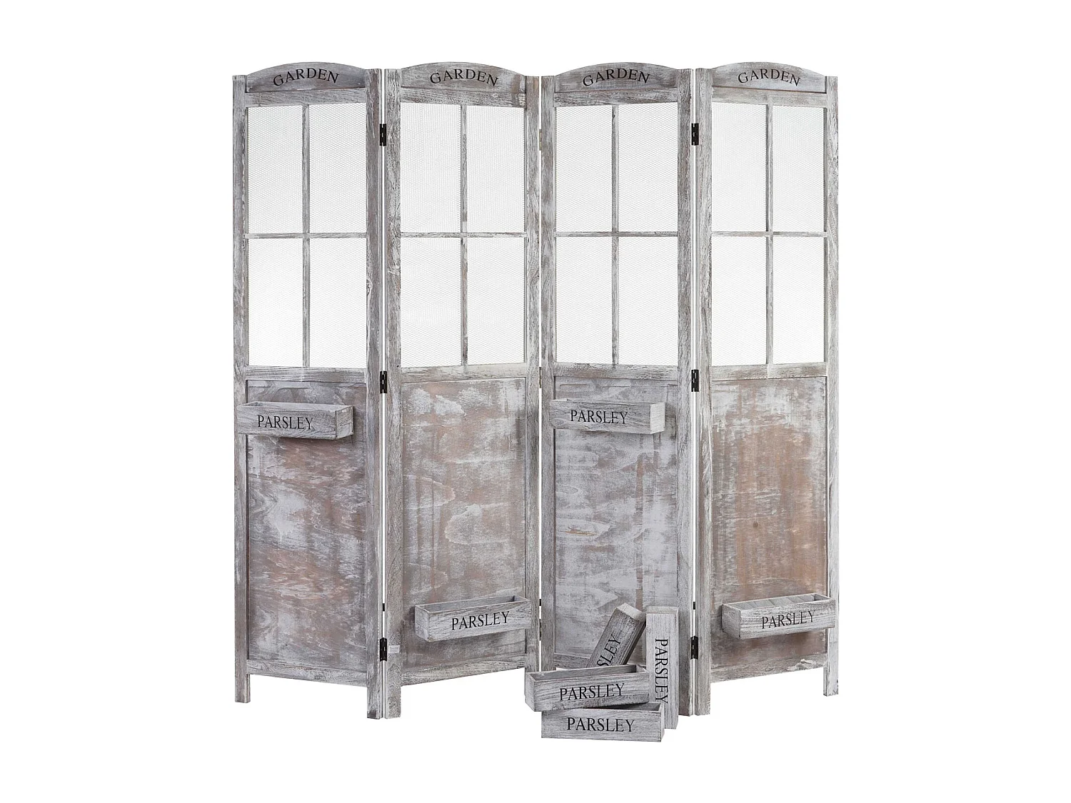 Paravent MCW-M66, Raumteiler Trennwand Sichtschutz, Pflanzkörbe 4 Paneele, Shabby-Look 170x180x22cm, braun-grau