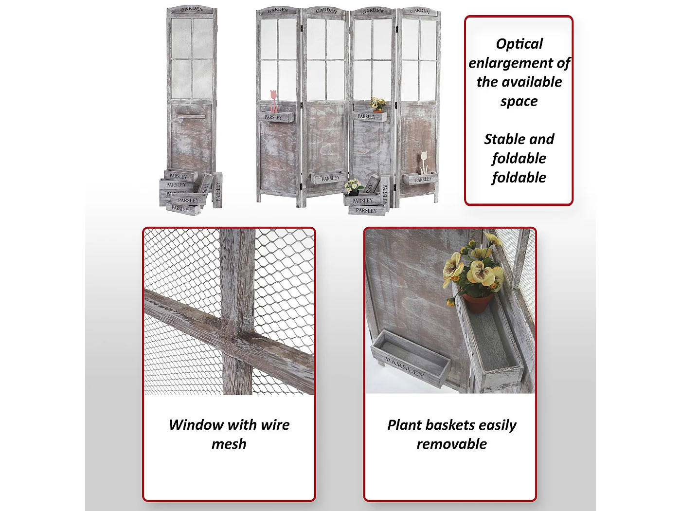 Paravent MCW-M66, Raumteiler Trennwand Sichtschutz, Pflanzkörbe 4 Paneele, Shabby-Look 170x180x22cm, braun-grau