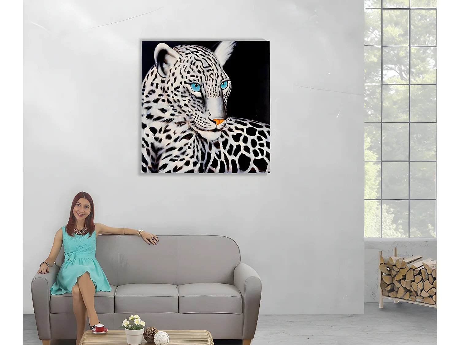 Pintura a óleo Leopardo branco pintada à mão
