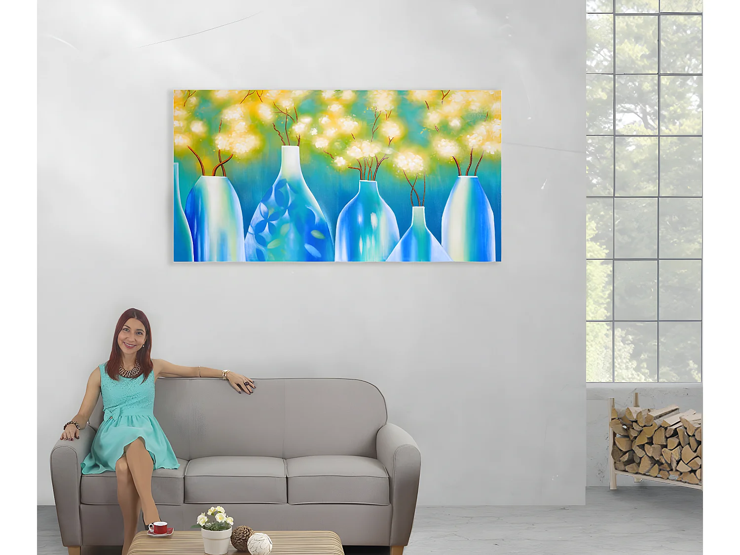 Dipinto a mano pittura ad olio su tela 135x70cm vasi