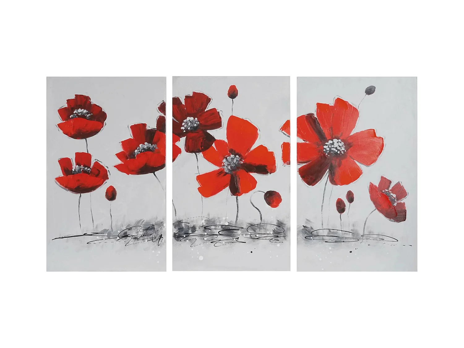 Set 3x dipinti a mano pittura ad olio su tela 55x90cm papaveri