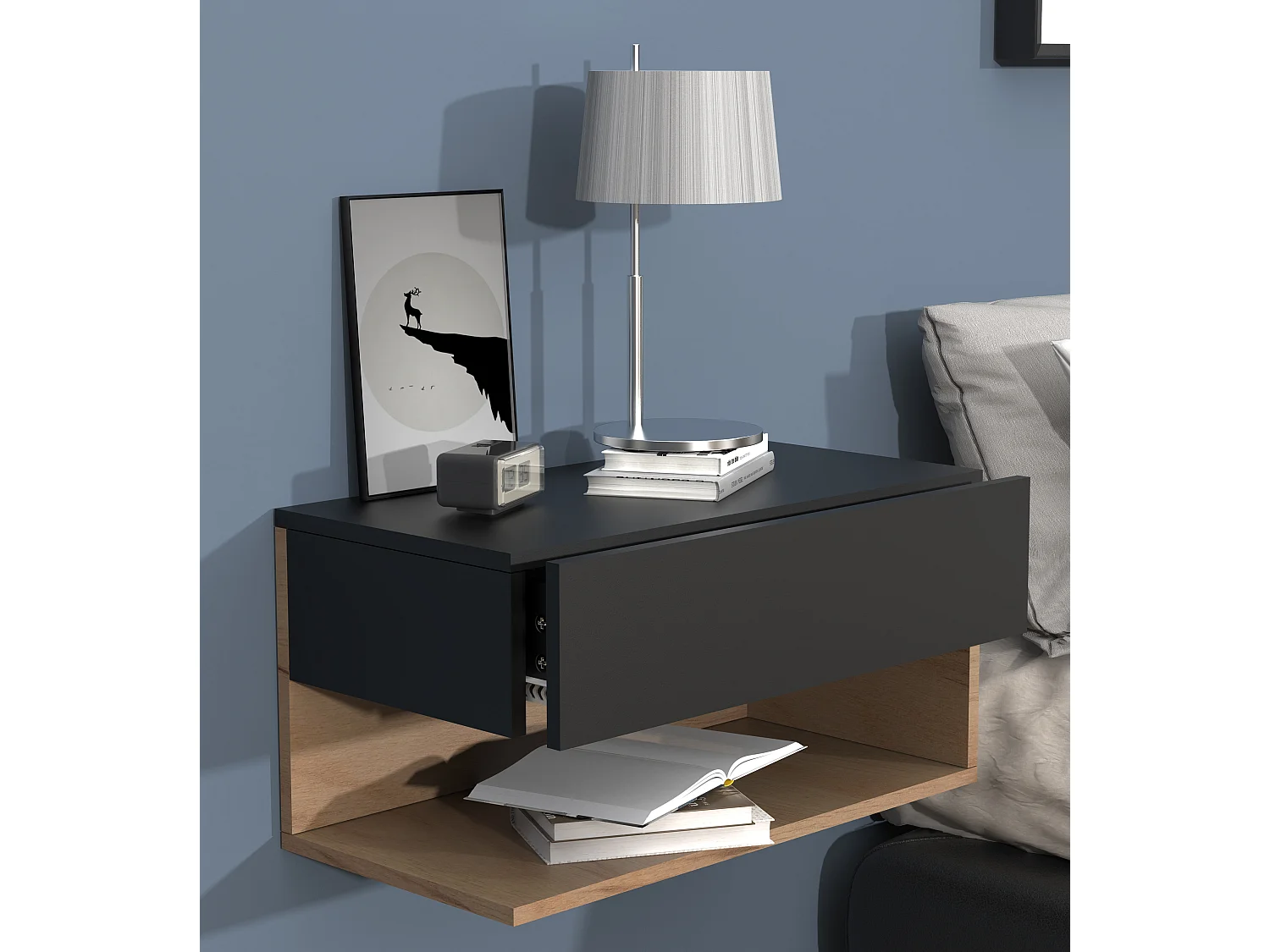 mesa de cabeceira Usal Preto/carvalho de mel A. 30 x L. 60 x P. 32 cm