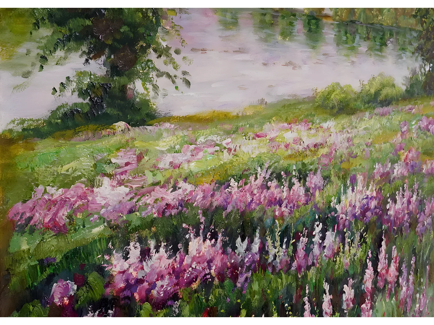 Olieverfschilderij bloemenweide, handgeschilderd