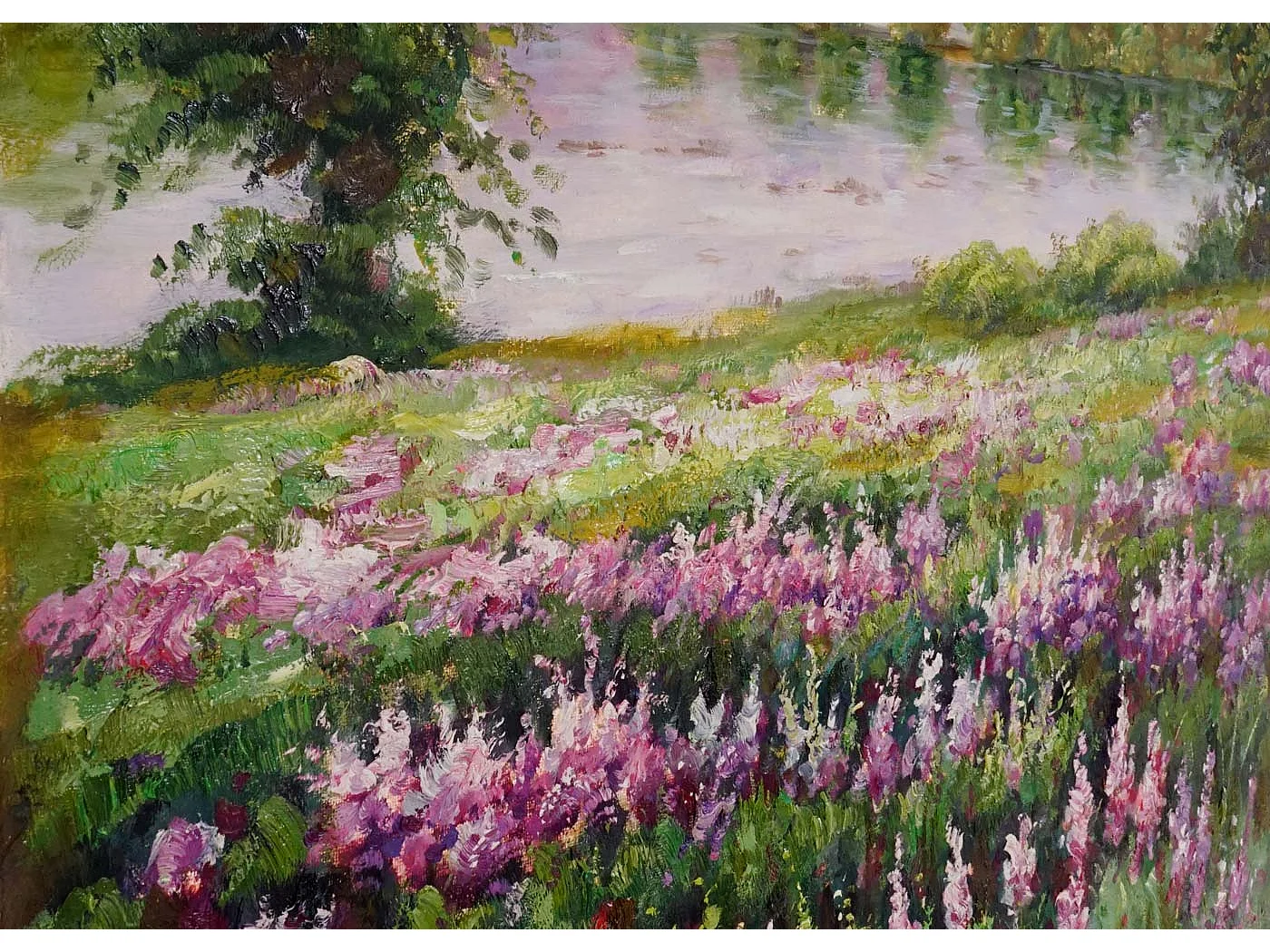 Peinture à l'huile réalisée à la main sur le thème de la prairie fleurie