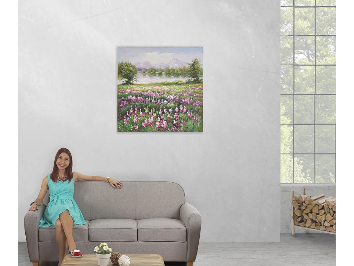 Peinture à l'huile réalisée à la main sur le thème de la prairie fleurie