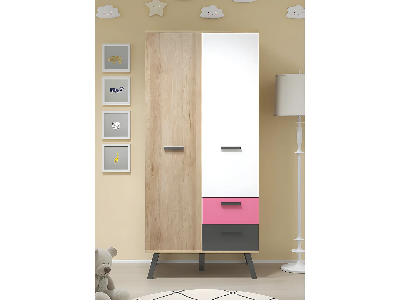 MatsColor Kleiderschrank Kinderzimmer 2 Türen, 2 Schubladen, Buche dekor.