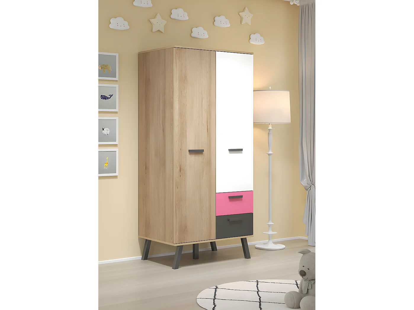 MatsColor Kleiderschrank Kinderzimmer 2 Türen, 2 Schubladen, Buche dekor.