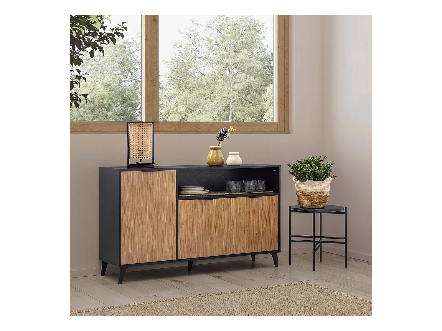 Buffet Denis 3 portes 1 trou, couleur Noir/Bois