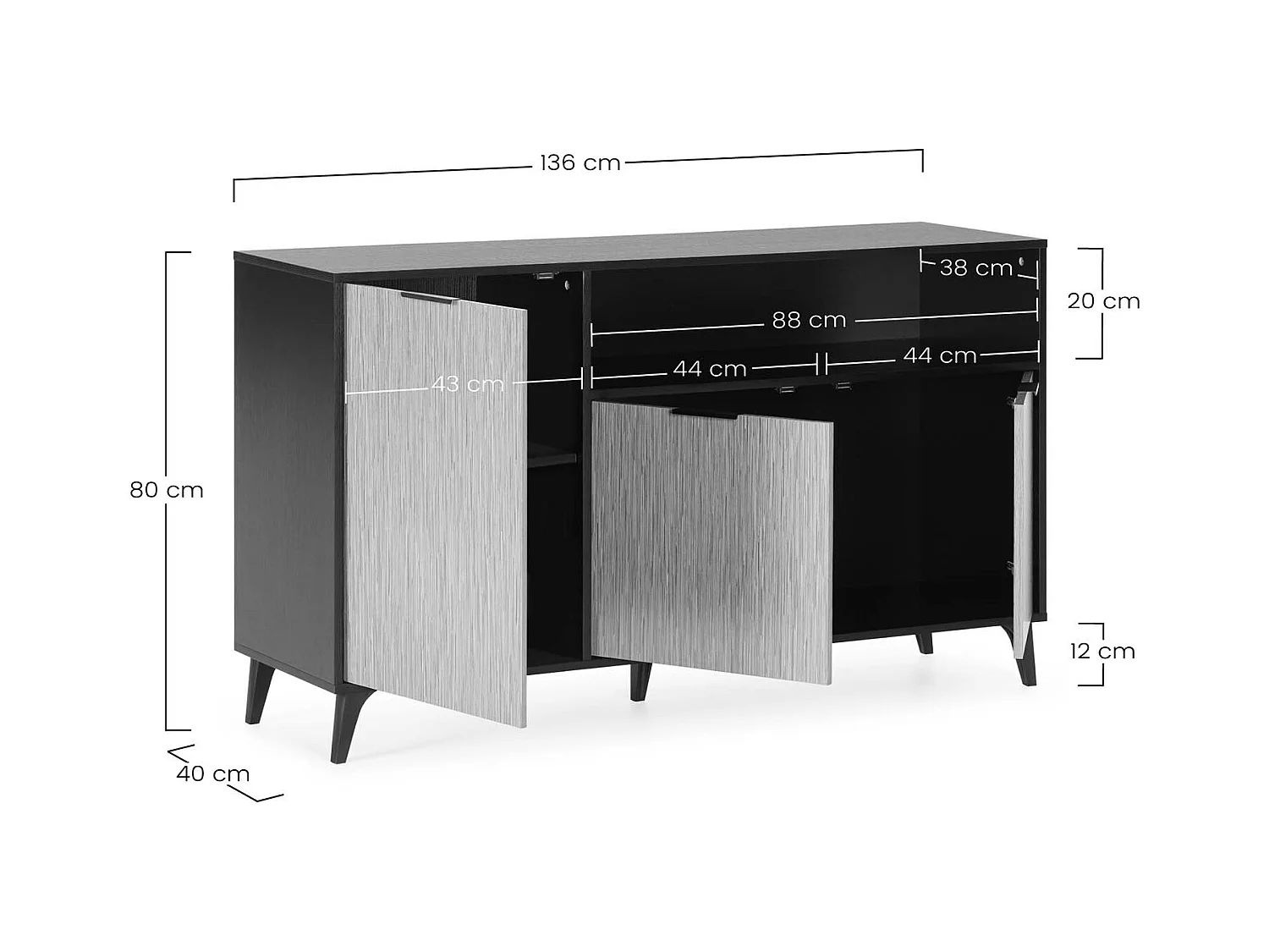 Buffet Denis 3 portes 1 trou, couleur Noir/Bois