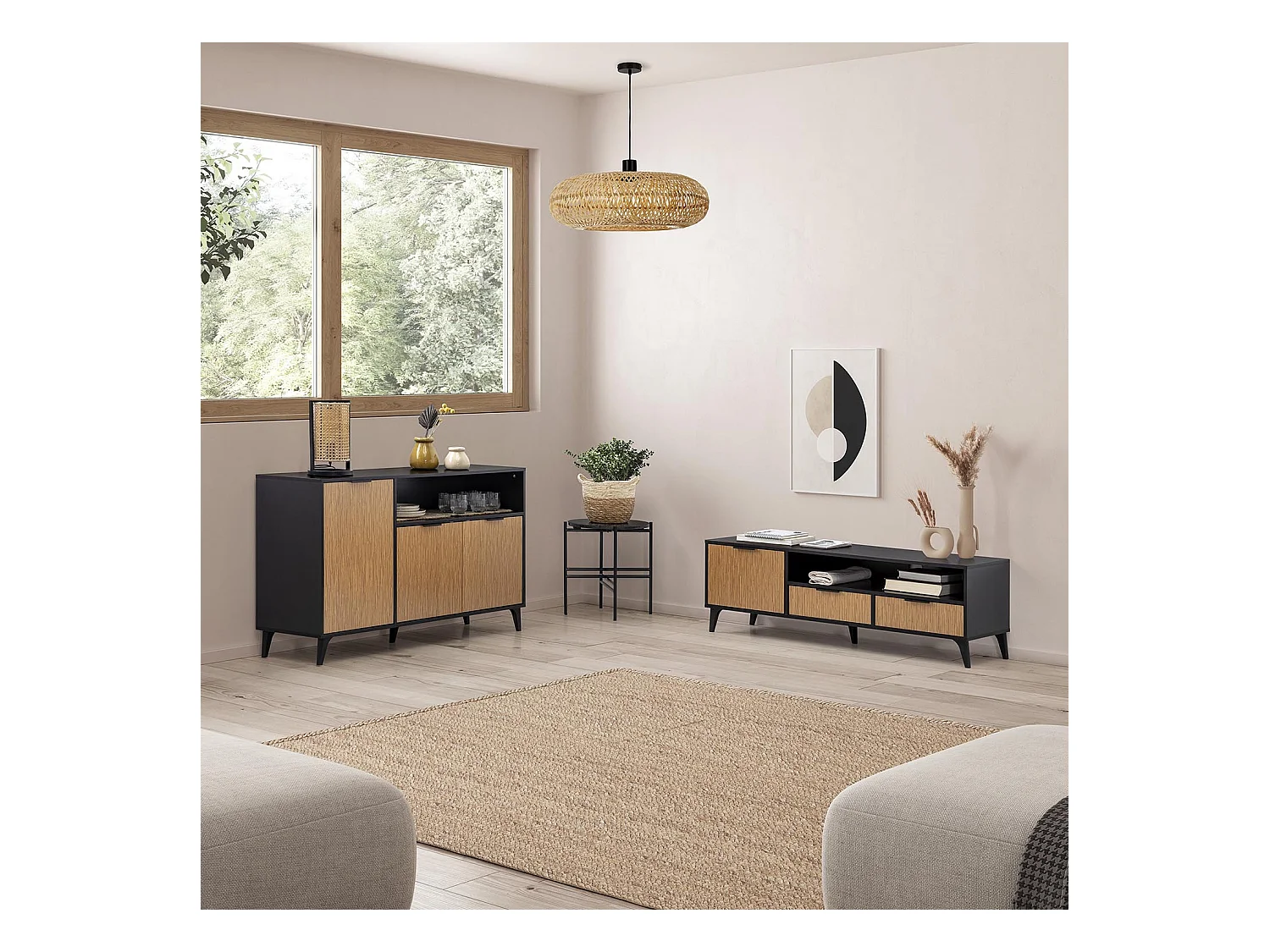 Buffet Denis 3 portes 1 trou, couleur Noir/Bois