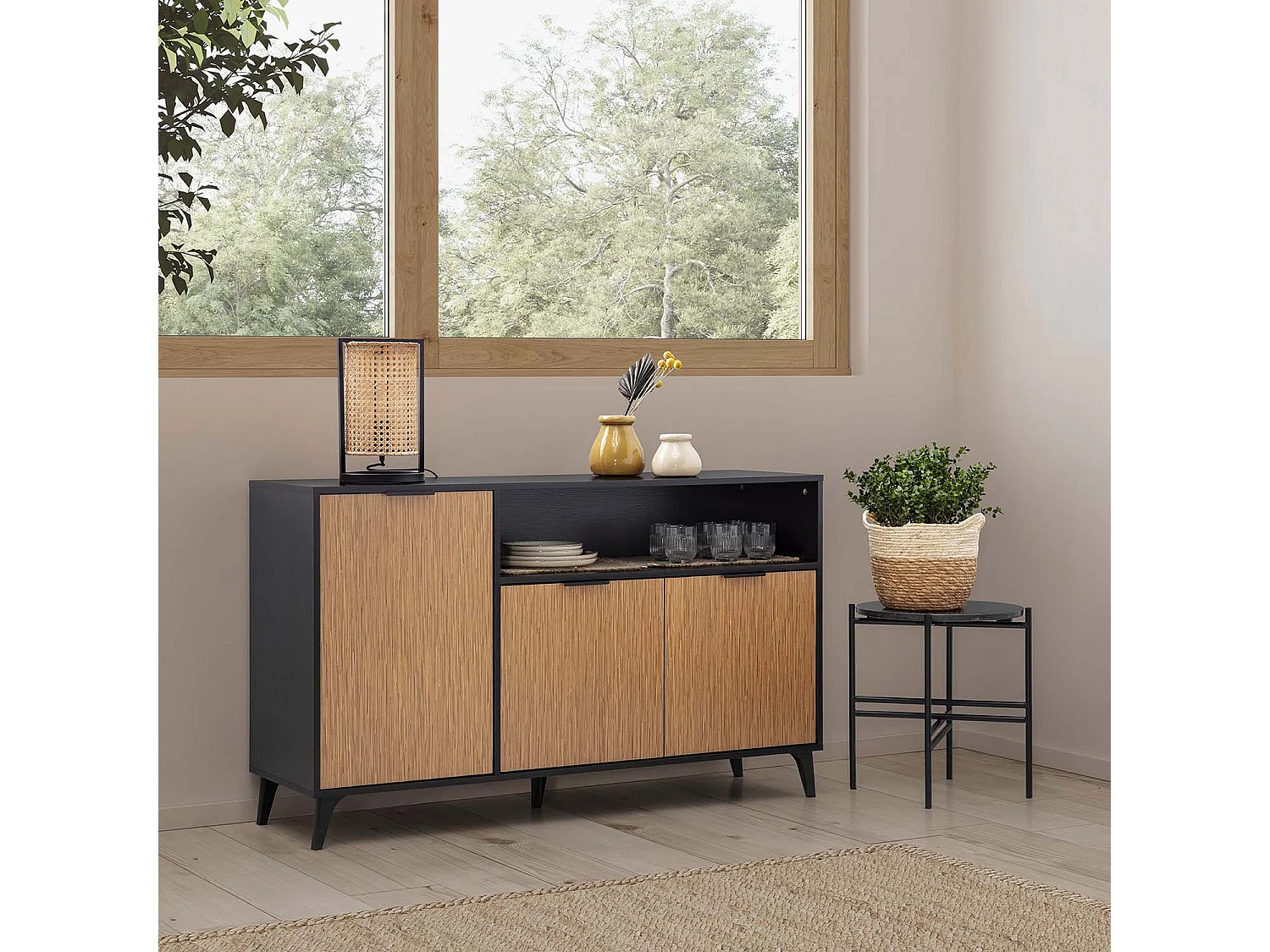 Buffet Denis 3 portes 1 trou, couleur Noir/Bois