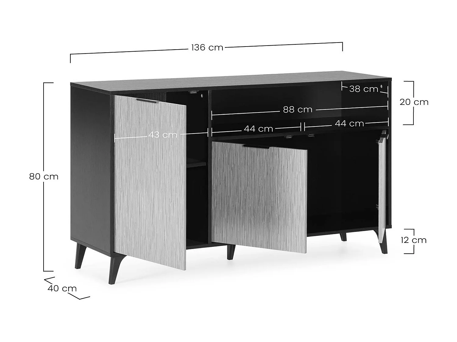 Buffet Denis 3 portes 1 trou, couleur Noir/Bois