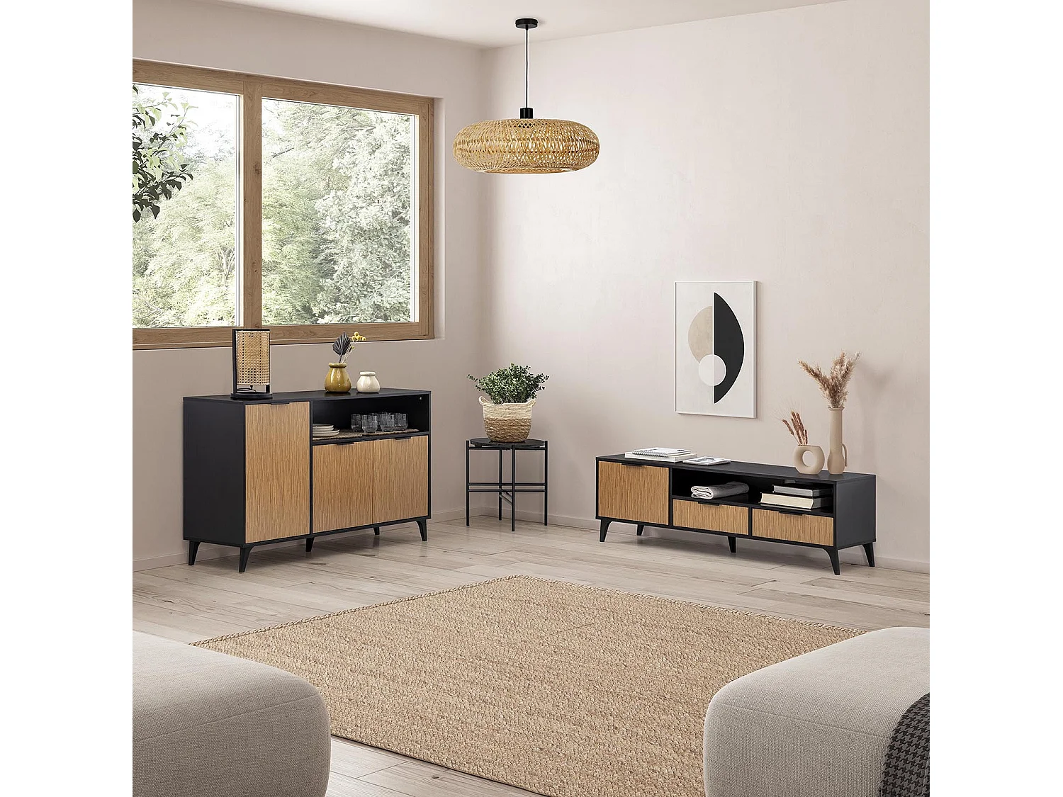 Buffet Denis 3 portes 1 trou, couleur Noir/Bois