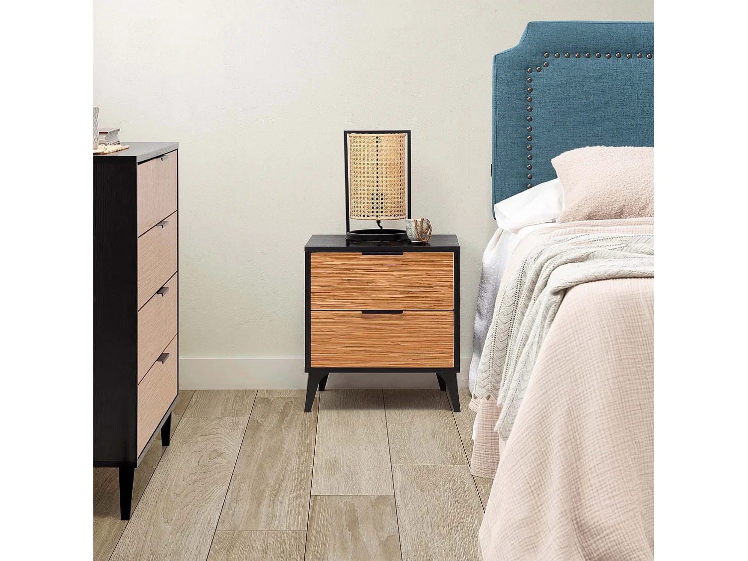 Mesa de cabeceira Denis 2 gavetas Preto/Madeira
