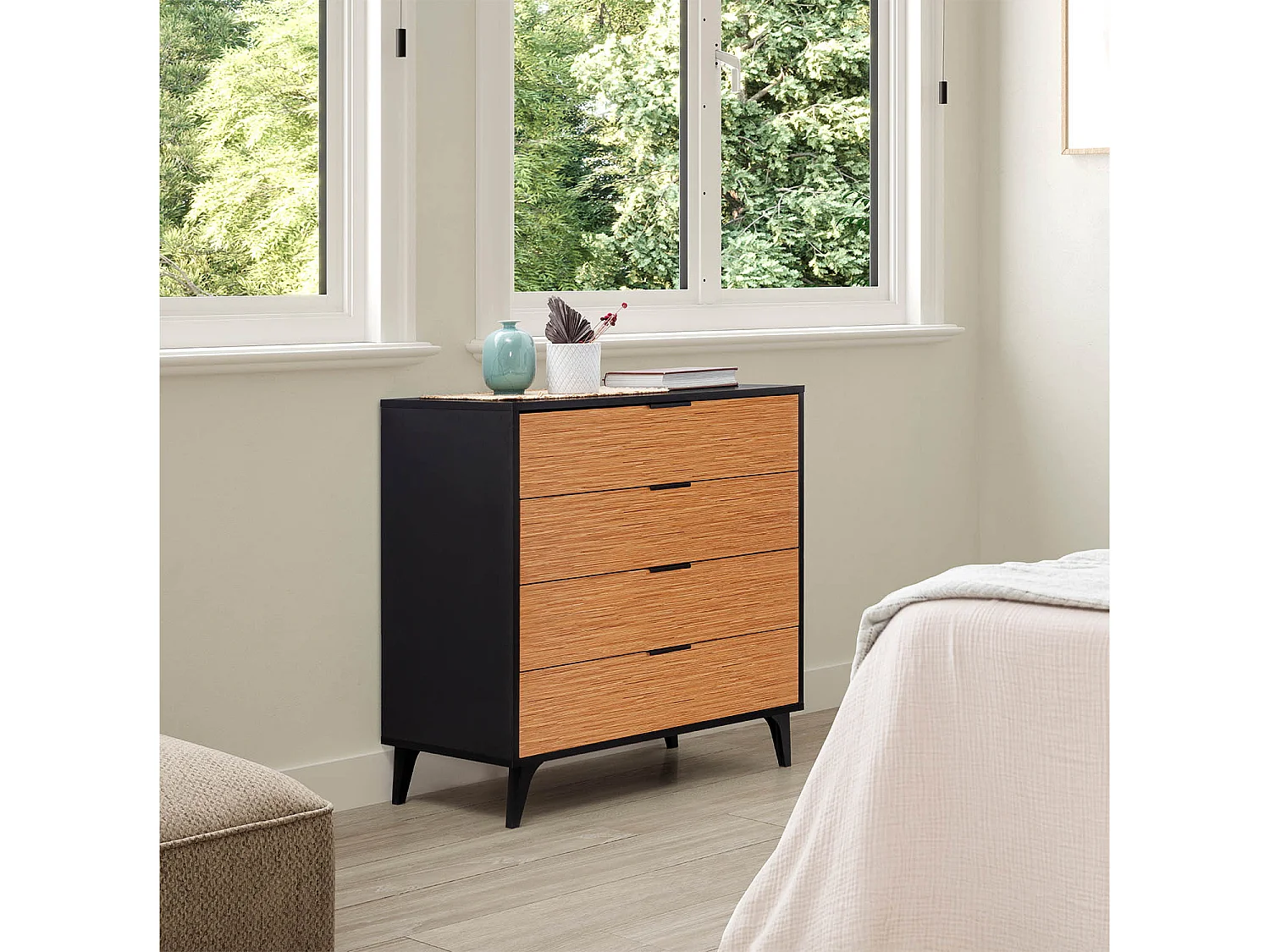 Commode de nuit Denis 4 tiroirs couleur Noir/Bois