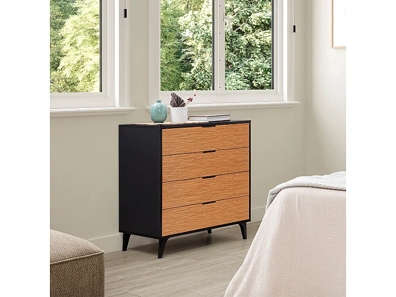 Nachtkastje Denis met 4 laden in de kleur Zwart/Hout.