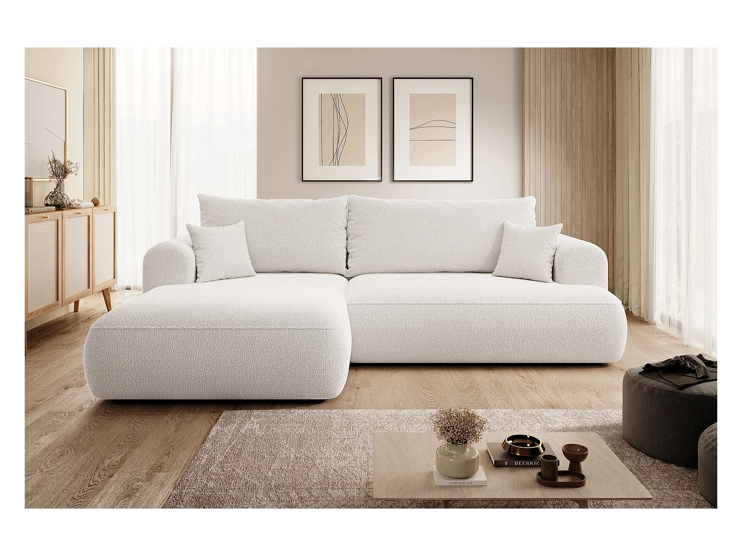 Ecksofa mit Schlaffunktion - Bettkasten - Ottomane links - Boucle-Bezug in Cremeweiß - OVO