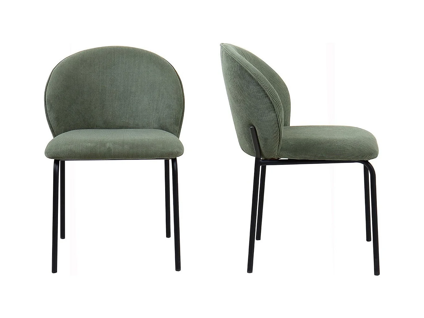 Lot de 2 chaises de salle à manger en velours côtelé vert kaki, piètement en métal noir - Noé