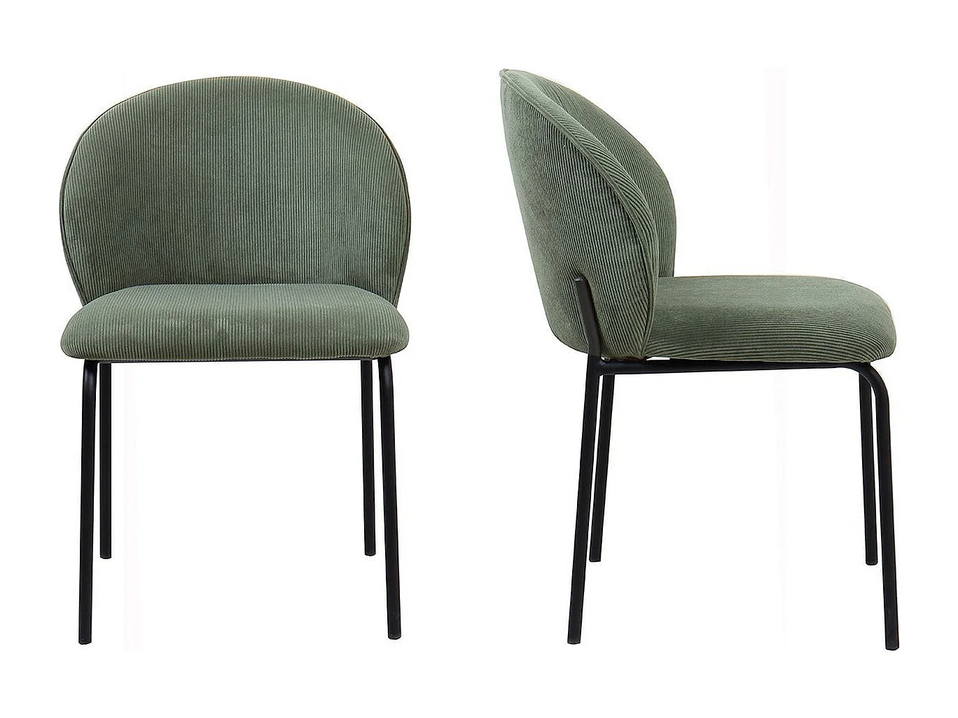 Lot de 2 chaises de salle à manger en velours côtelé vert kaki, piètement en métal noir - Noé