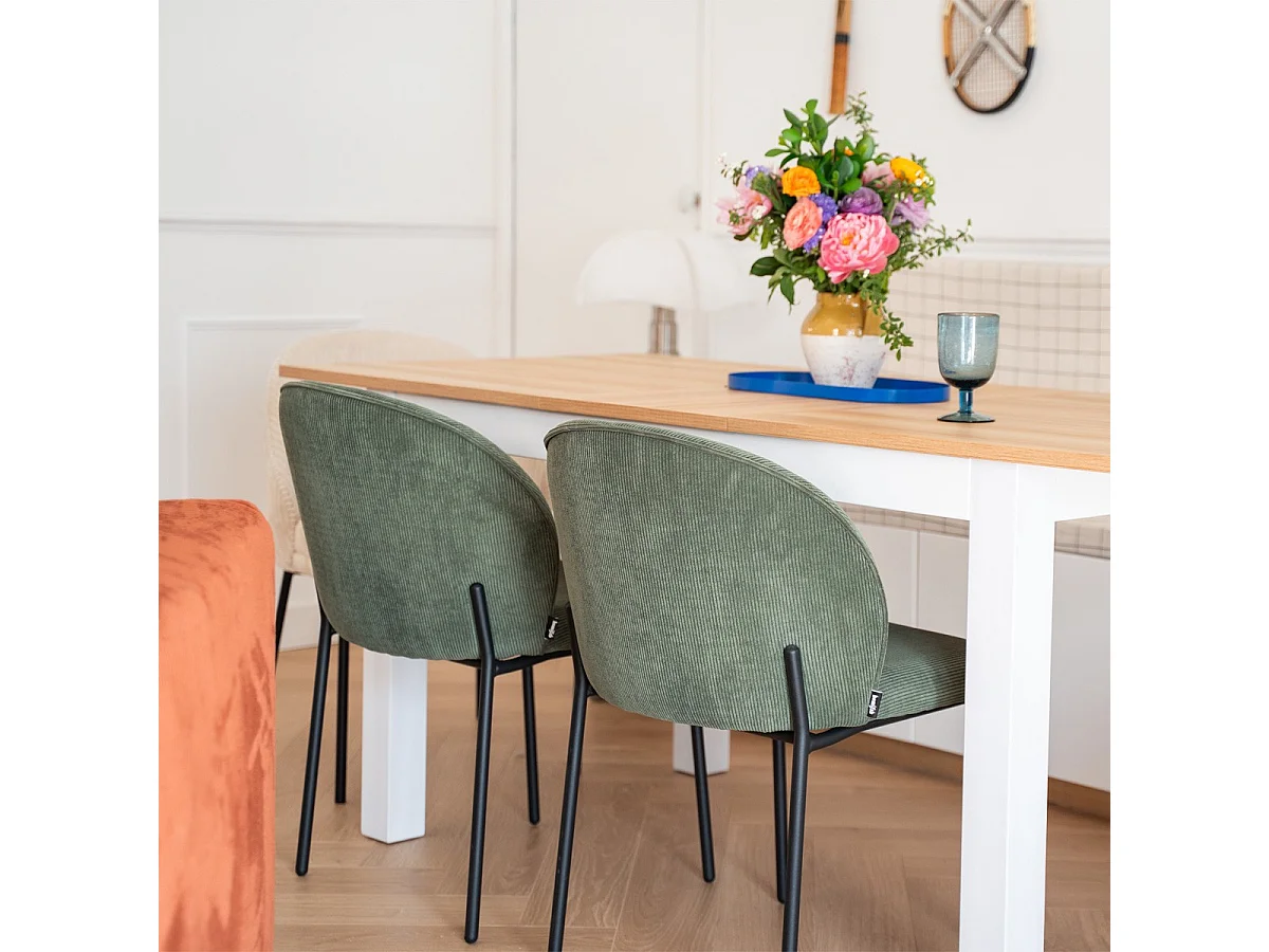 Lot de 2 chaises de salle à manger en velours côtelé vert kaki, piètement en métal noir - Noé