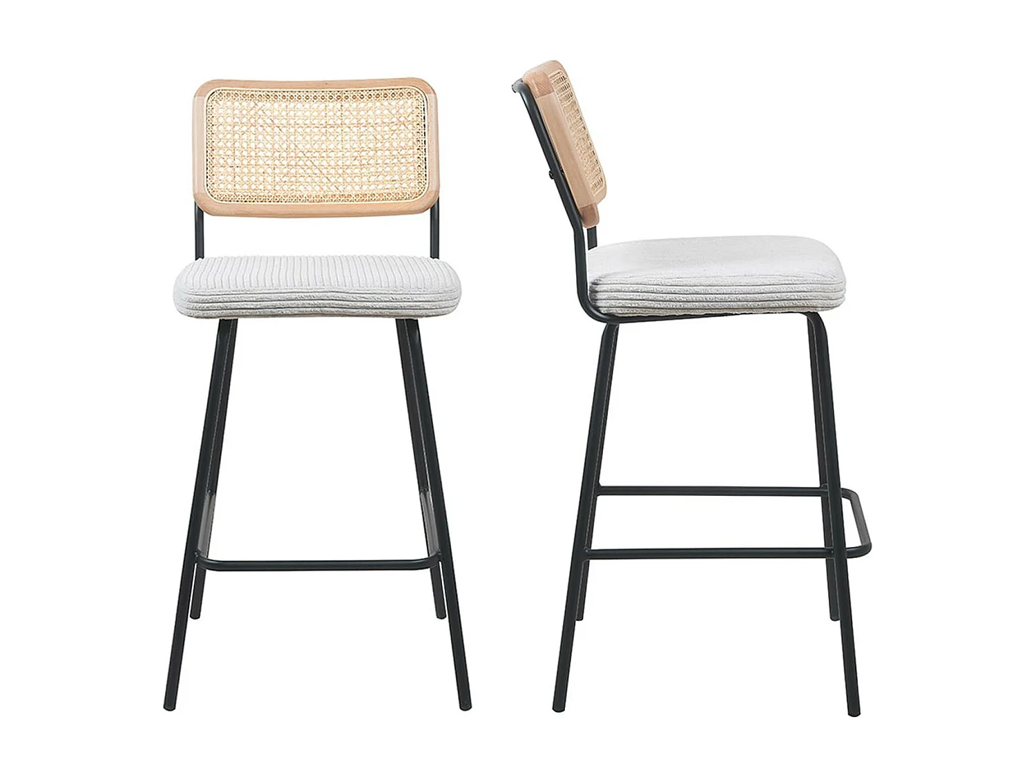 Lot de 2 chaises de bar en cannage et velours côtelé beige, piètement noir - Muse