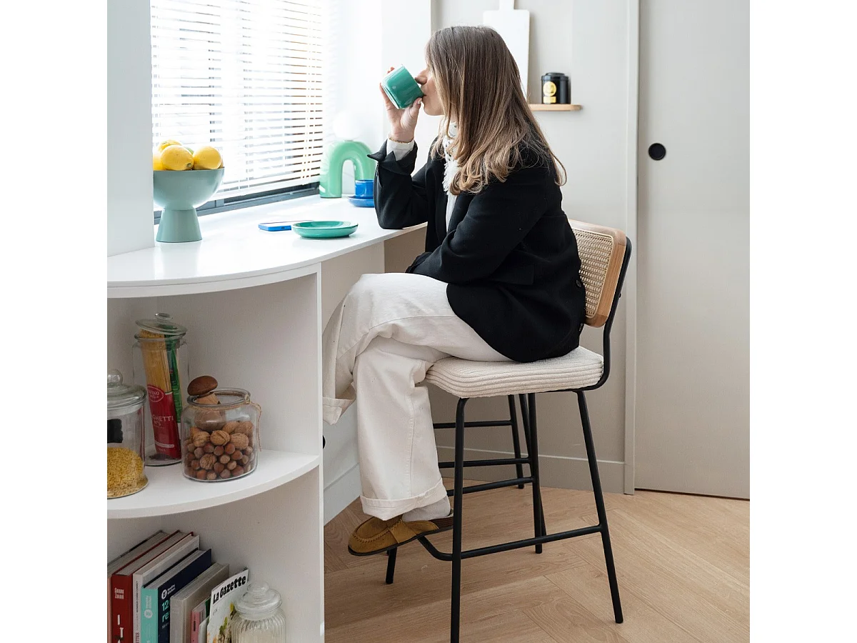 Lot de 2 chaises de bar en cannage et velours côtelé beige, piètement noir - Muse