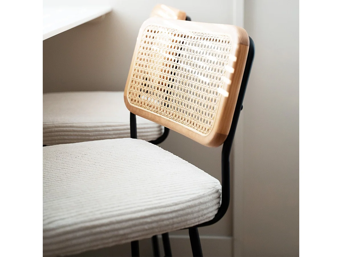 Lot de 2 chaises de bar en cannage et velours côtelé beige, piètement noir - Muse