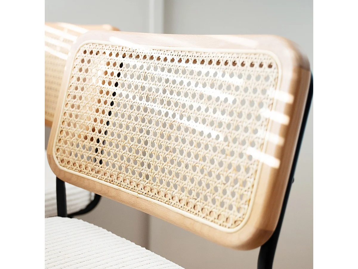 Lot de 2 chaises de bar en cannage et velours côtelé beige, piètement noir - Muse