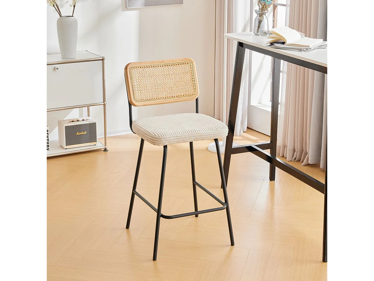 Lot de 2 chaises de bar en cannage et velours côtelé beige, piètement noir - Muse