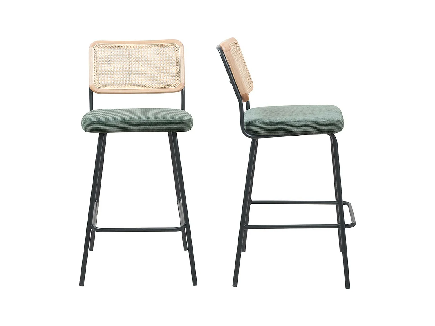 Lot de 2 chaises de bar en cannage et velours côtelé vert, piètement noir - Muse