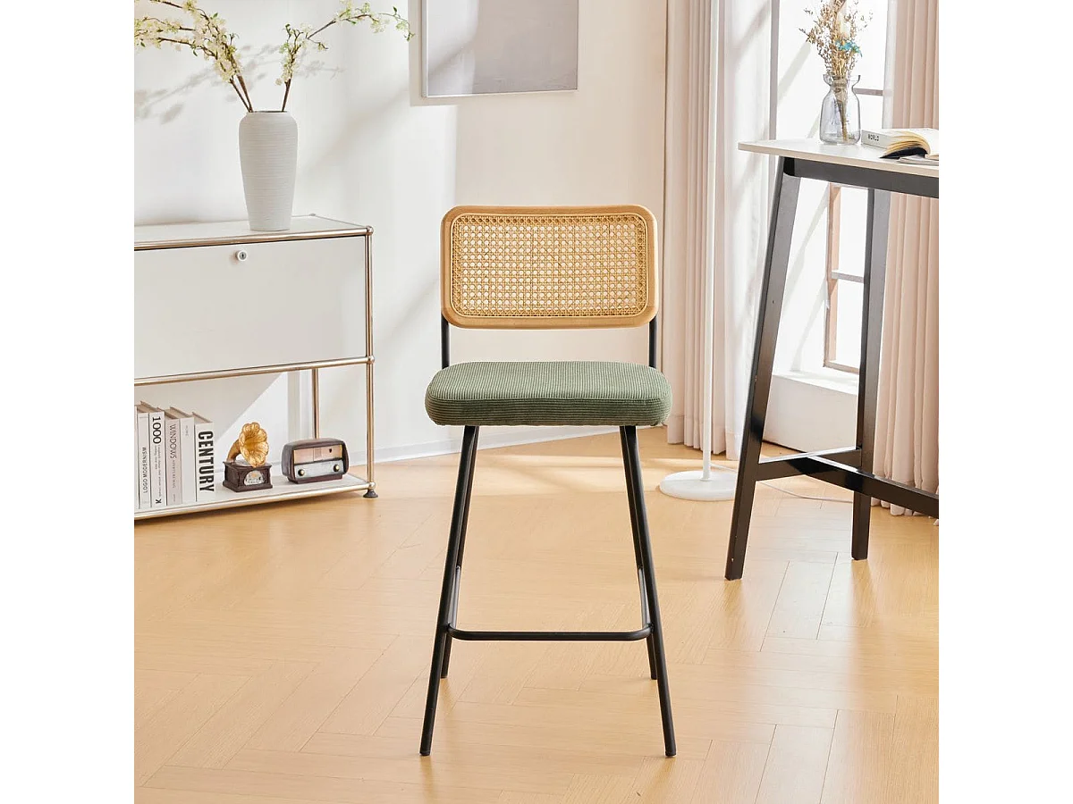 Lot de 2 chaises de bar en cannage et velours côtelé vert, piètement noir - Muse