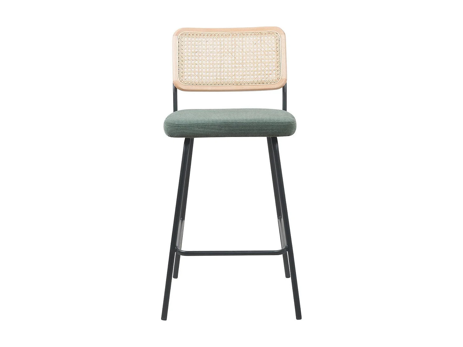 Lot de 2 chaises de bar en cannage et velours côtelé vert, piètement noir - Muse