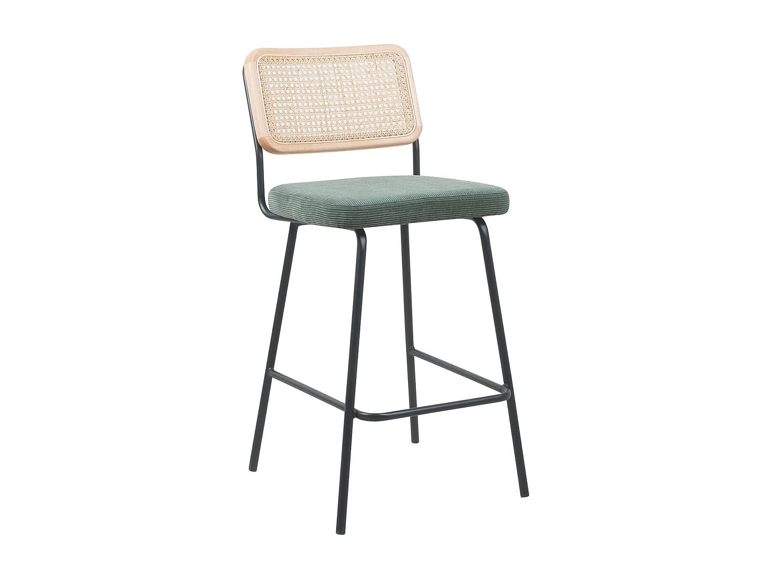 Lot de 2 chaises de bar en cannage et velours côtelé vert, piètement noir - Muse