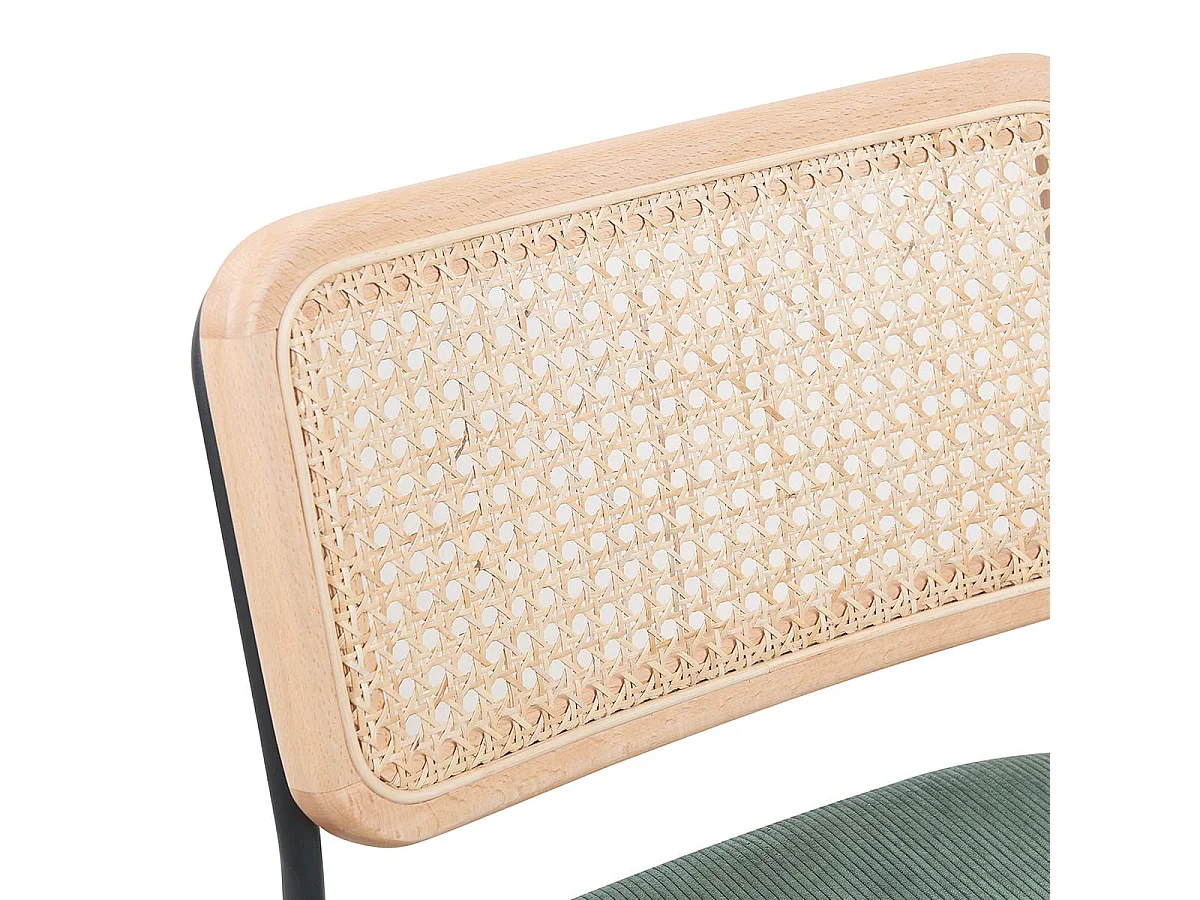 Lot de 2 chaises de bar en cannage et velours côtelé vert, piètement noir - Muse