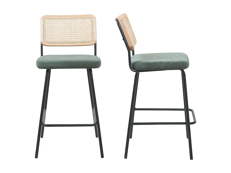 Lot de 2 chaises de bar en cannage et velours côtelé vert, piètement noir - Muse