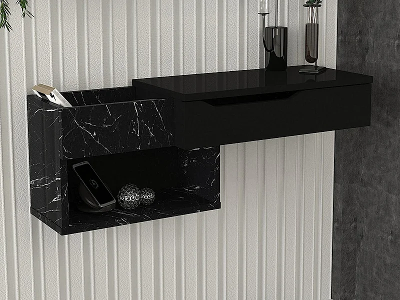 Consolle sospesa con 1 cassetto e 2 nicchie Effetto marmo Nero - DAREKA
