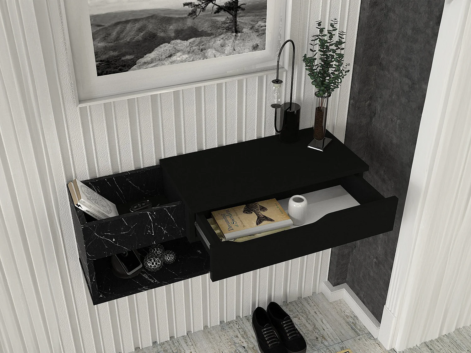 Console suspendue avec 1 tiroir et 2 niches - Effet marbre noir - DAREKA
