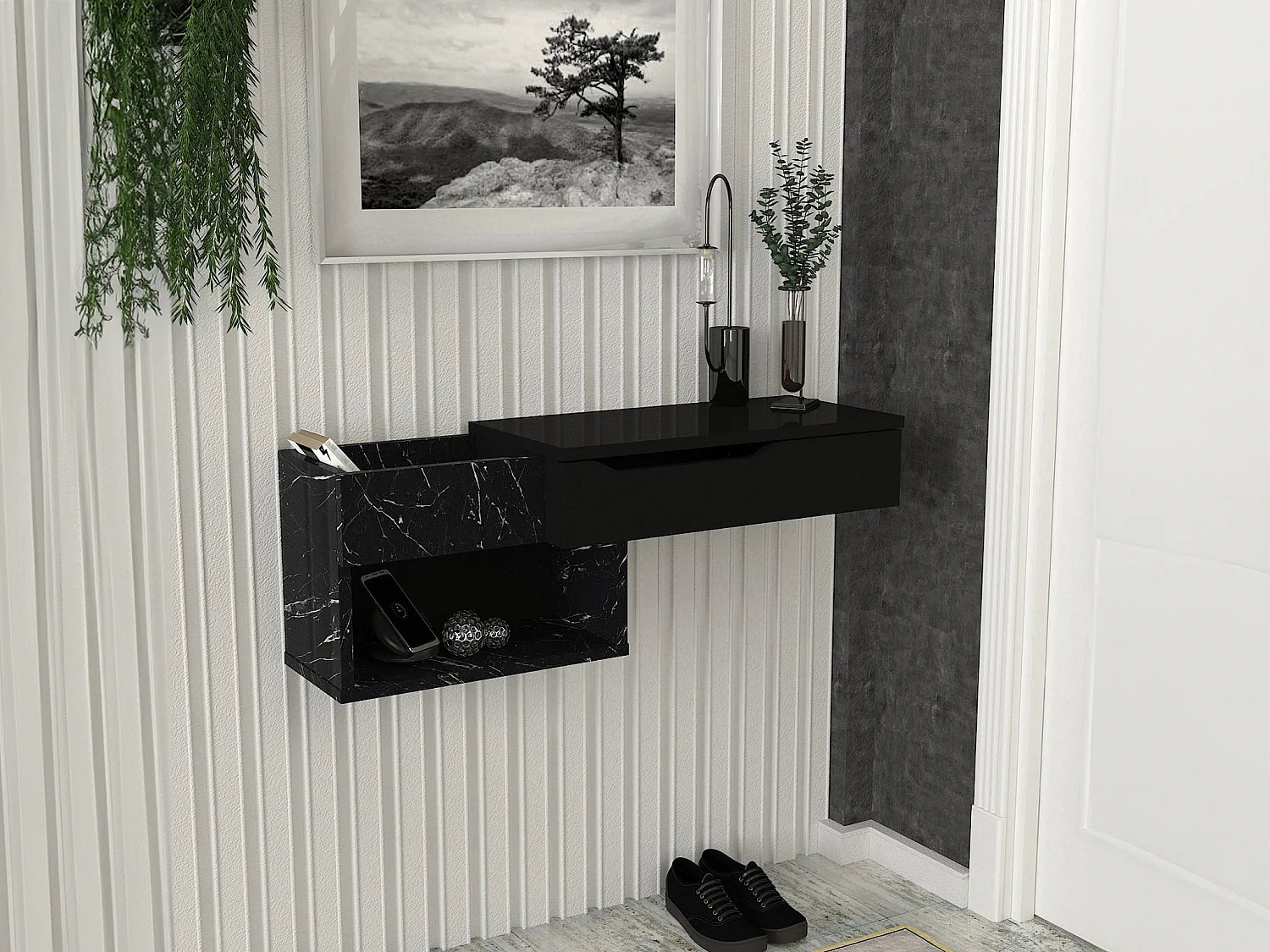Console suspendue avec 1 tiroir et 2 niches - Effet marbre noir - DAREKA