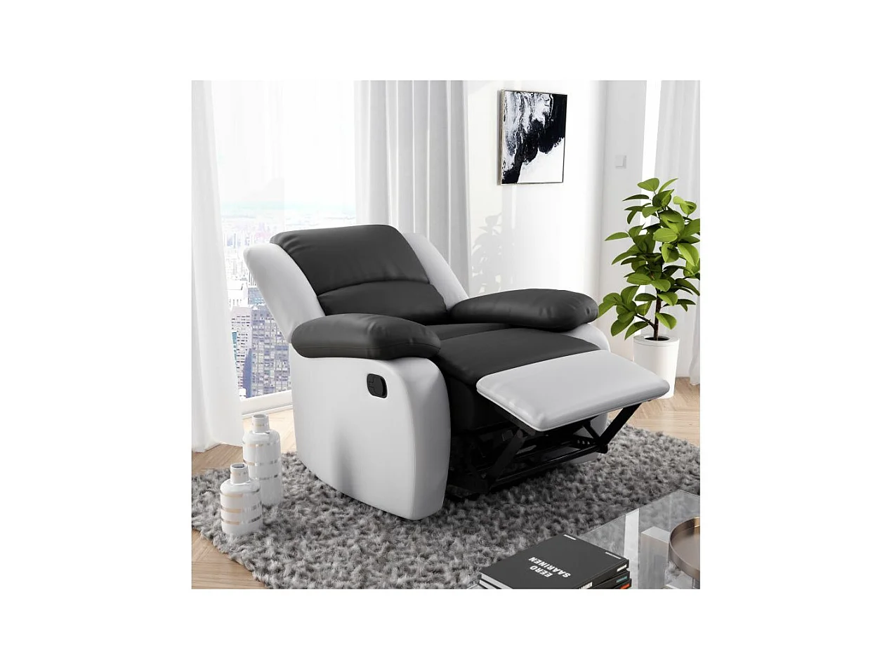 Fauteuil de relaxation en simili Léo - Blanc/Gris - Loungitude - L88 x 93 x 96cm - Loungitude