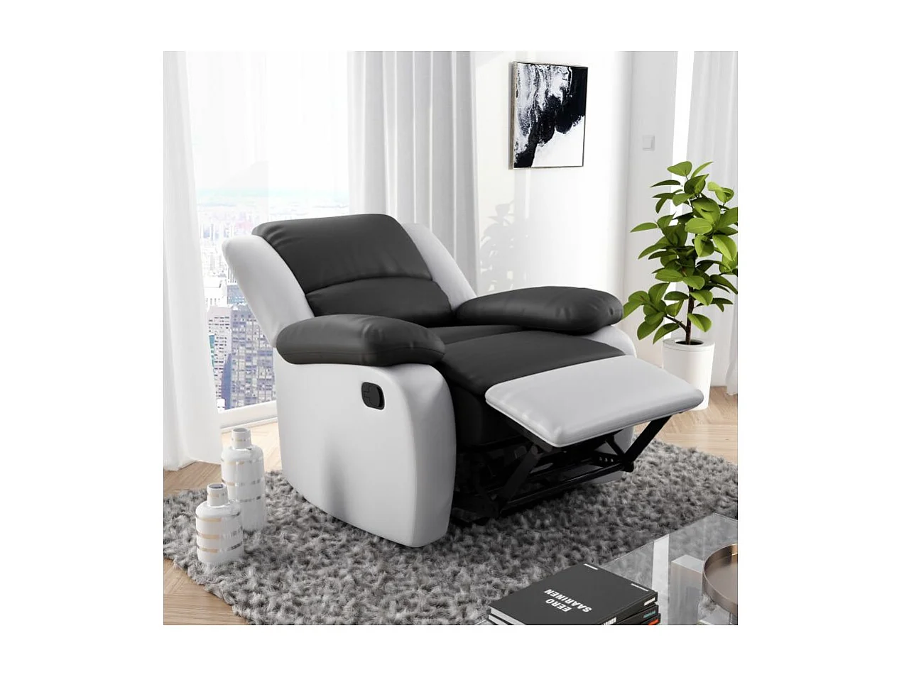 Fauteuil de relaxation'en simili Léo - Blanc/Gris - Loungitude - L88 x 93 x 96cm - Loungitude