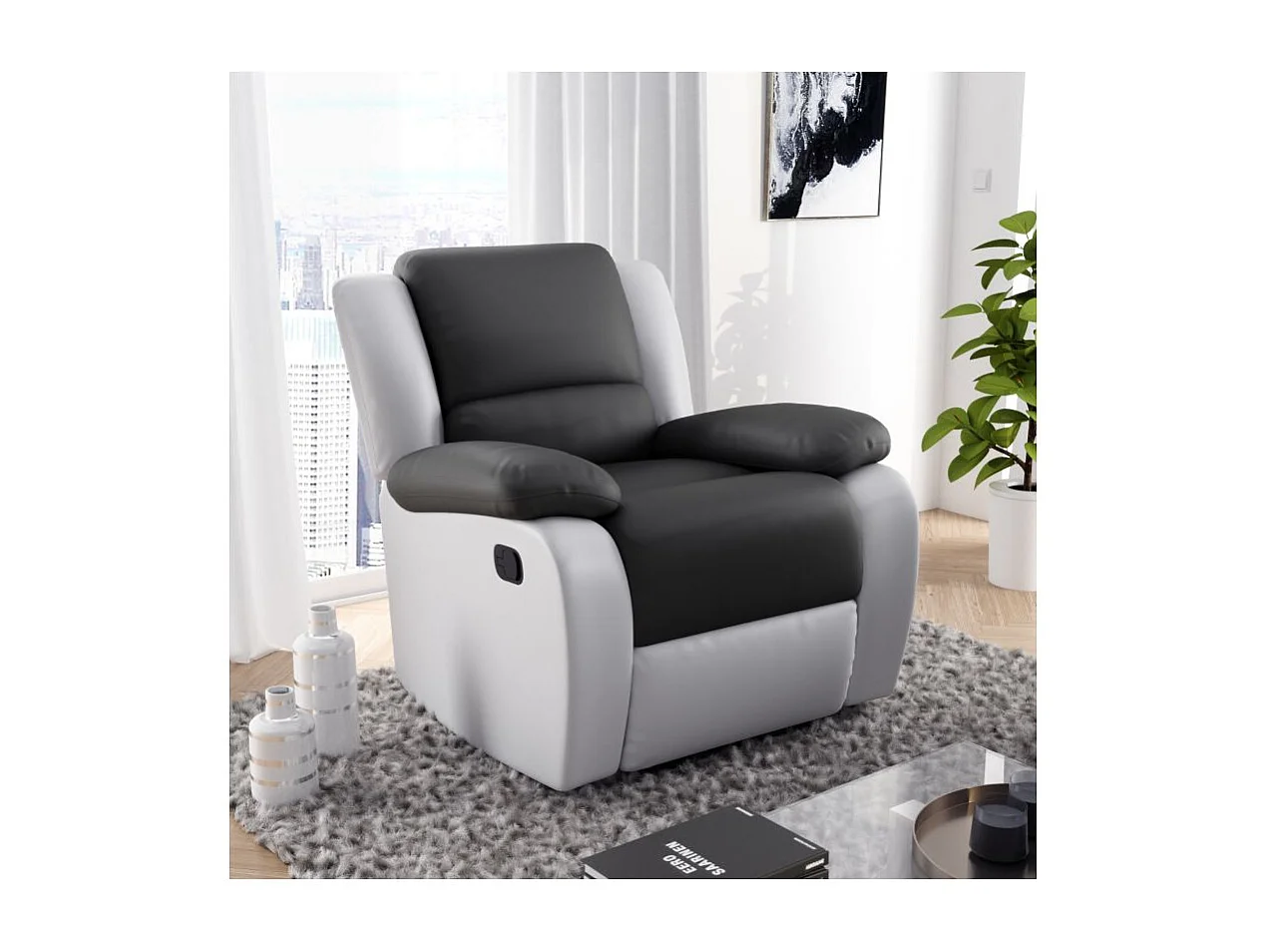 Fauteuil de relaxation'en simili Léo - Blanc/Gris - Loungitude - L88 x 93 x 96cm - Loungitude